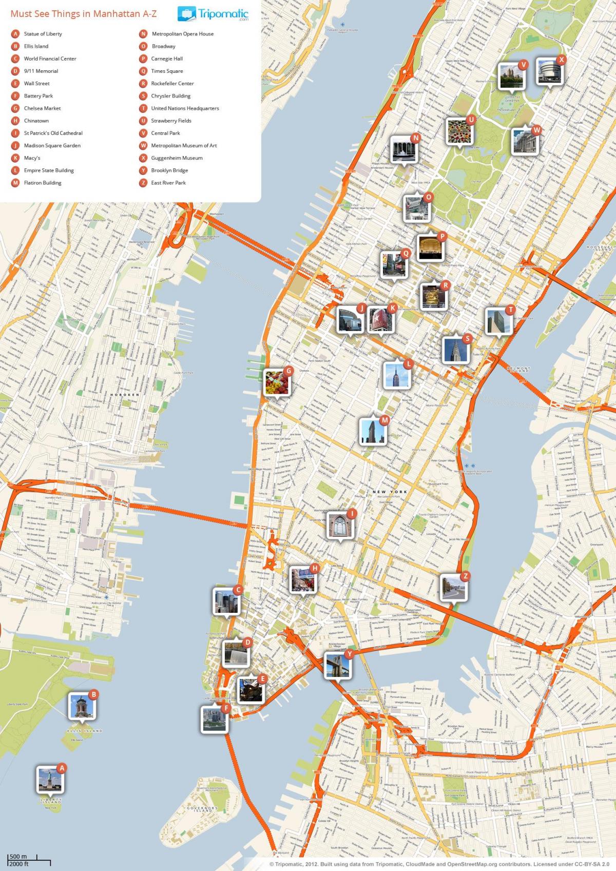 خريطة مانهاتن تظهر مناطق الجذب السياحي