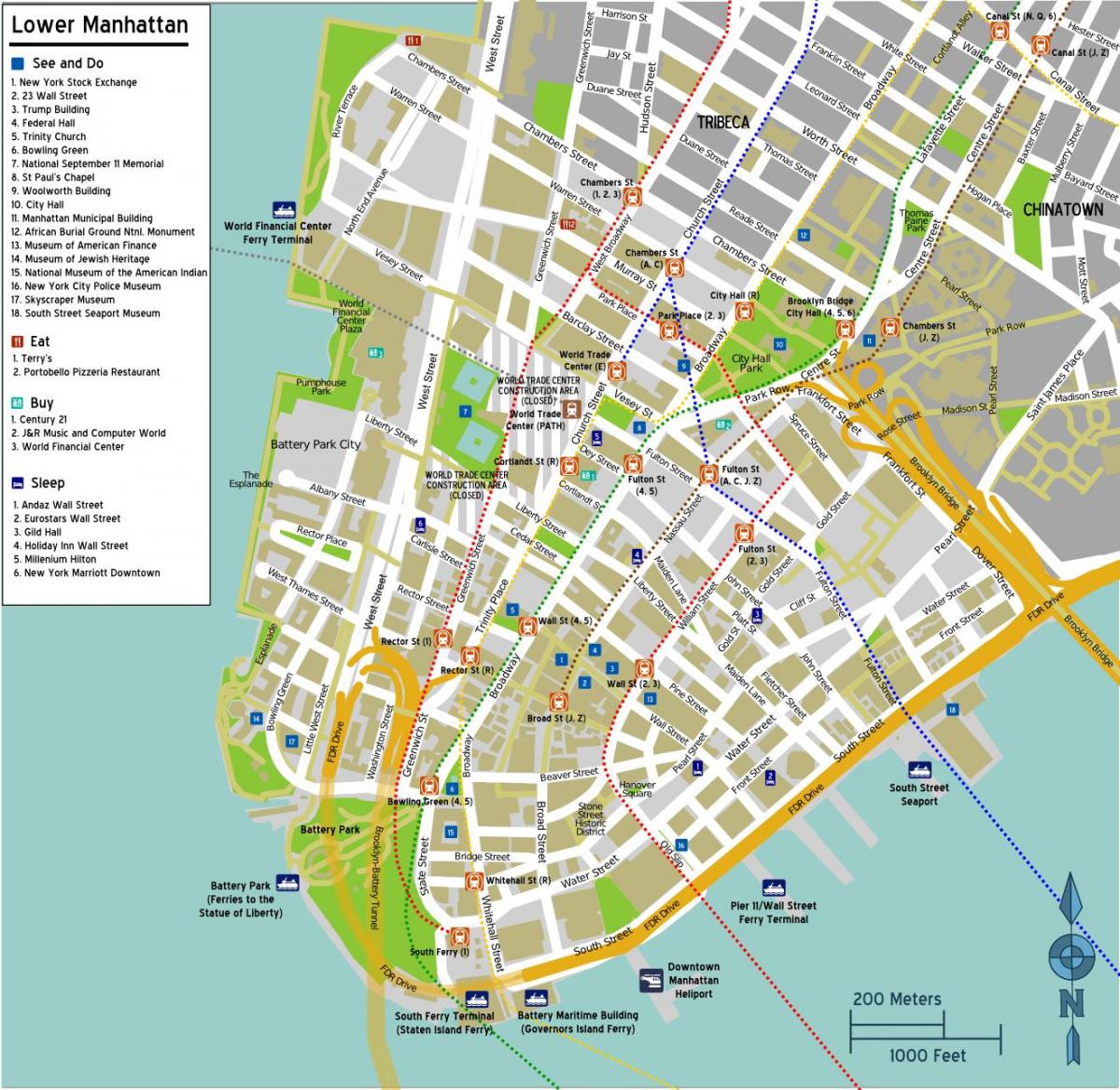 خريطة مانهاتن السفلى مع أسماء الشوارع